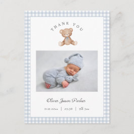 Cartão Postal Teddy Bear Gingham Baby Boy Birth Announcement