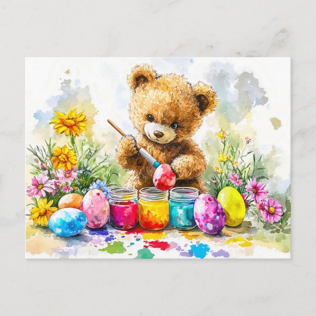 Cartão Postal  Teddy Bear Painting Easter Eggs (Frente)
