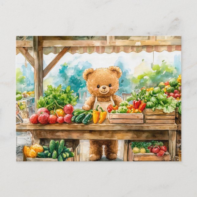 Cartão Postal Teddy Bear Selling Fruit at Farmers Market (Frente)