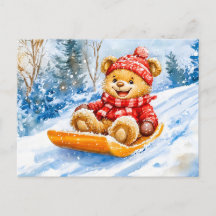 Teddy Bear Sledding Downhill in Winter