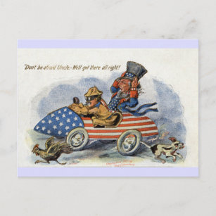 Cartão Postal Teddy Roosevelt & tio Sam no automóvel patriótico