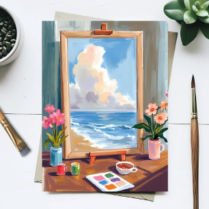 Cartão Postal Tela de pintura em aquarela do cavalete do artista
