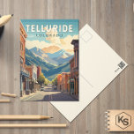 Cartão Postal Telluride Colorado Viagem Art Vintage<br><div class="desc">Design de viagem de vetor de telureto em um estilo emblem. Telluride,  uma antiga cidade de mineração vitoriana nas Montanhas Rochosas do Colorado,  é colocada num caixão em meio a picos florestais na base de um popular resort de esqui e golfe.</div>