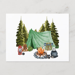 Cartão Postal Tema de acampamento bonito, Campfire, Tent, Forest