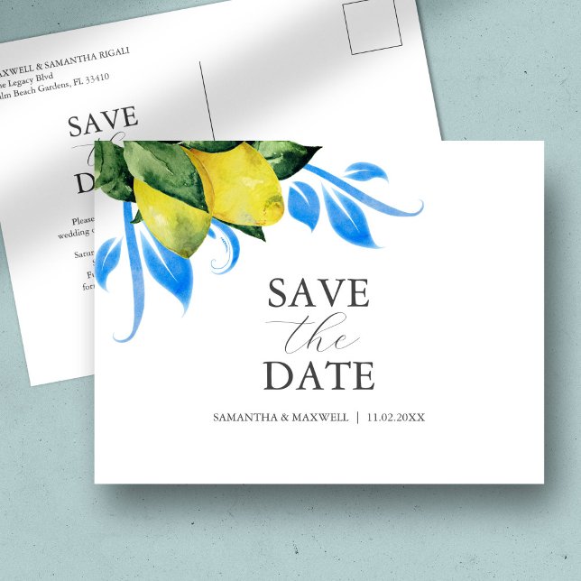 Cartão Postal Tema De Casamento Alafre Salvar A Data (Destination weddings save the date postcards watercolor blue and yellow lemon citrus DoTellABelle)