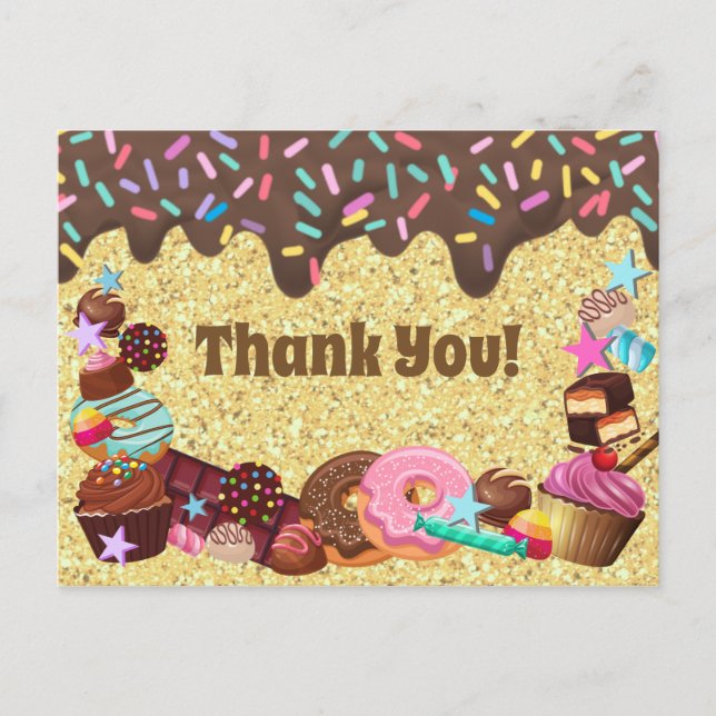 Cartão Postal Tema de doces, chocolate, confeitos azuis e rosa (Frente)