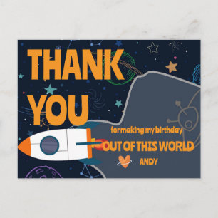 Cartão Postal Tema do Planeta da Nave Espacial Foguete Obrigado 