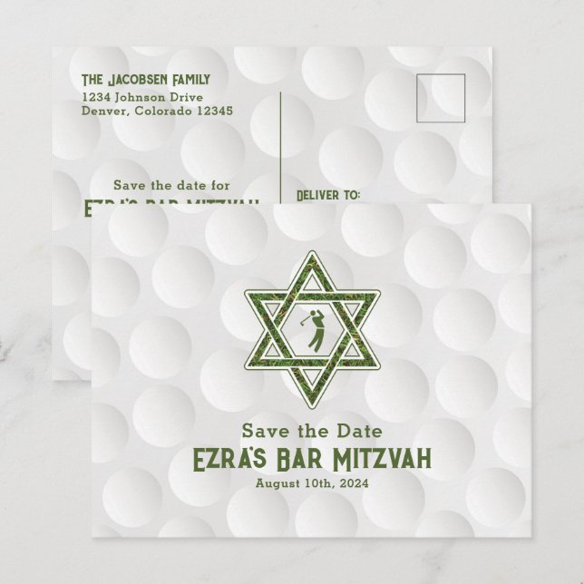 Cartão Postal Tema Golf Bar Mitzvah Salve a Data (Frente/Verso)