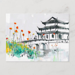Cartão Postal Templo Chinês junto a um Lago Florido