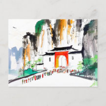 Templo com Pessoas na Paisagem Montanhosa