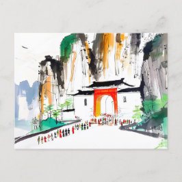 Cartão Postal Templo com Pessoas na Paisagem Montanhosa