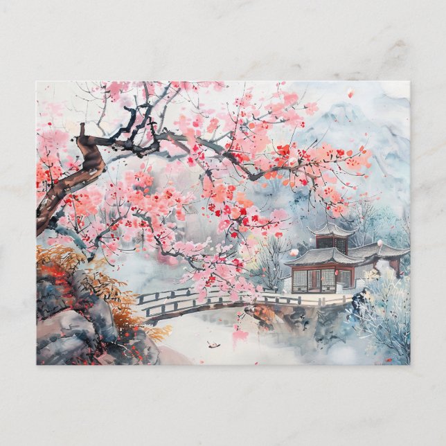 Cartão Postal Templo de Aquarela Chinês com Blossomas de Cereja (Frente)