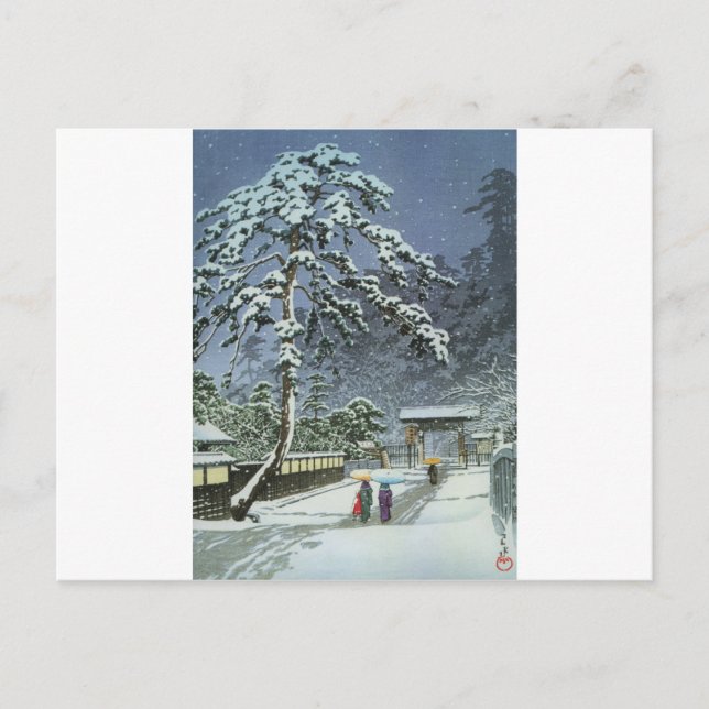 Cartão Postal Templo Honmonji em neve - Kawase Hasui 川 瀬 巴 水 (Frente)
