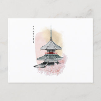 Cartão Postal Templo japonês e cereja. Tranquilidade