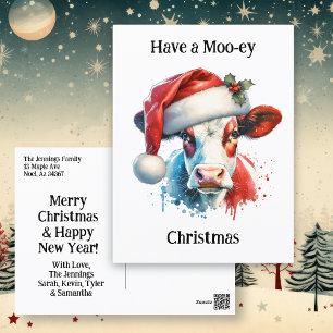 Cartão Postal Tenha um Feliz Natal Vaca engraçada com chapéu d