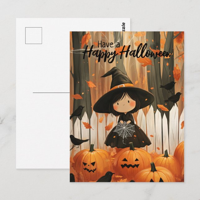 Cartão Postal Tenham uma bruxa bonitinha de Halloween feliz (Frente/Verso)