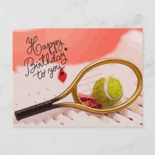 Cartão Postal Ténis Feliz Aniversário com bola e raquete 