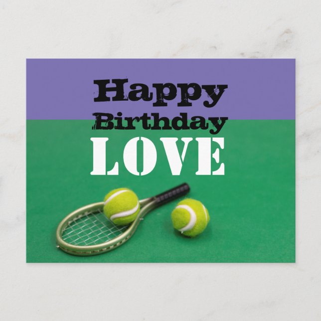 Cartão Postal Tênis Happy Birthday Love com bola e raquete (Frente)