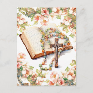 Cartão Postal Terço Católico Floral Bíblia Religiosa