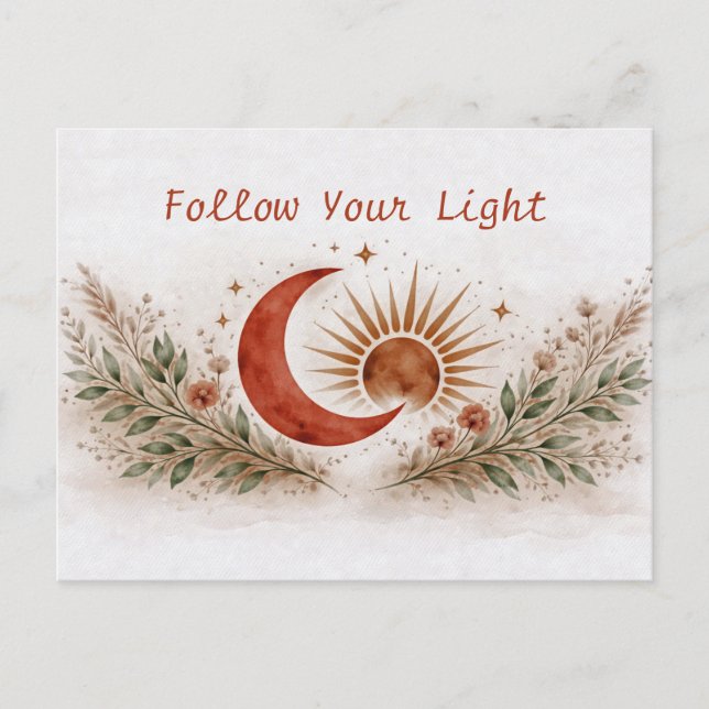 Cartão Postal Terracota Boho Sol Lua Botânico Aquarela  (Frente)