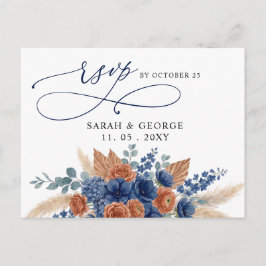 Cartão Postal Terracotta Azul-Marinho Pampas Folhagem Casamento