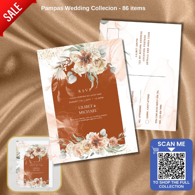 Cartão Postal Terracotta Floral Pampas Grass RSVP WEDDING (Criador carregado)