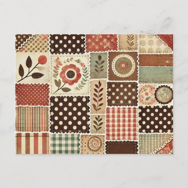 Cartão Postal Terracotta Patchwork Quilt Rustic Floral Design (Frente)