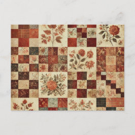 Cartão Postal Terracotta Patchwork Quilt Rustic Floral Design
