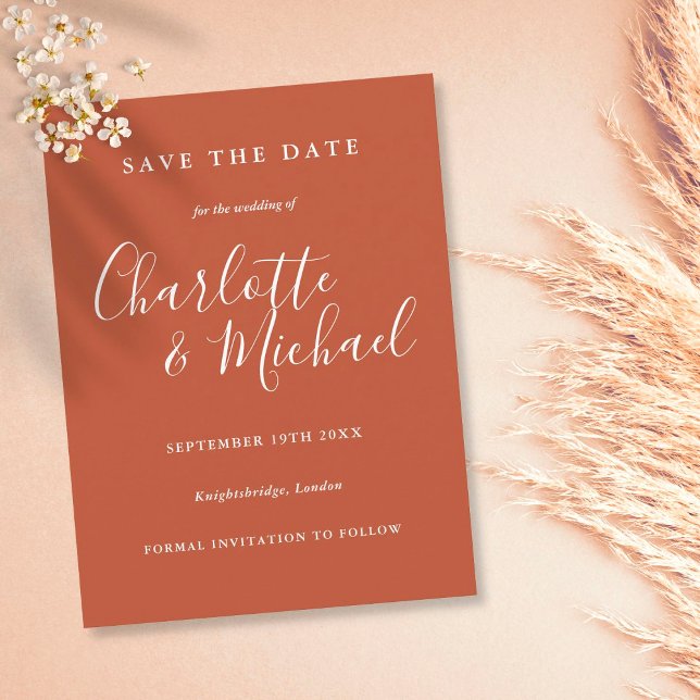 Cartão Postal Terracotta Signature Wedding Save the Date Card (Criador carregado)