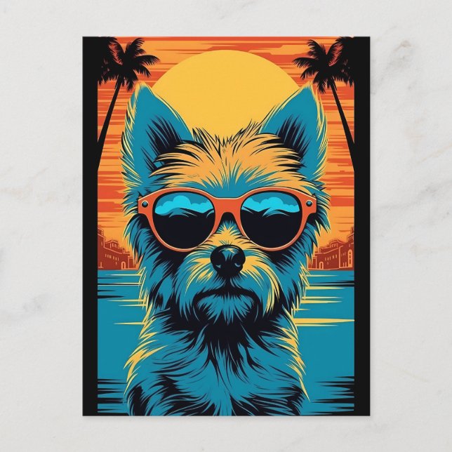Cartão Postal Terrier com óculos de sol na praia (Frente)