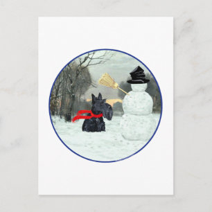 Cartão Postal Terrier Escocês e Boneco de Neve