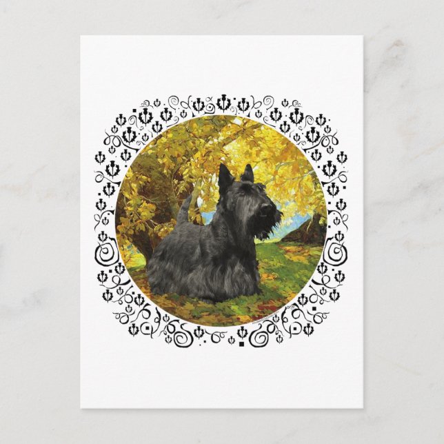 Cartão Postal Terrier Escocês em Bosque Outonal (Frente)