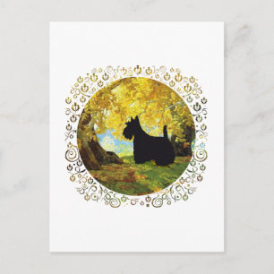 Cartão Postal Terrier Escocês nos Bosques de Outono