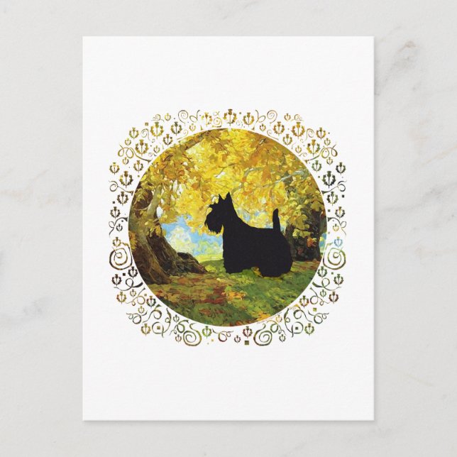 Cartão Postal Terrier Escocês nos Bosques de Outono (Frente)