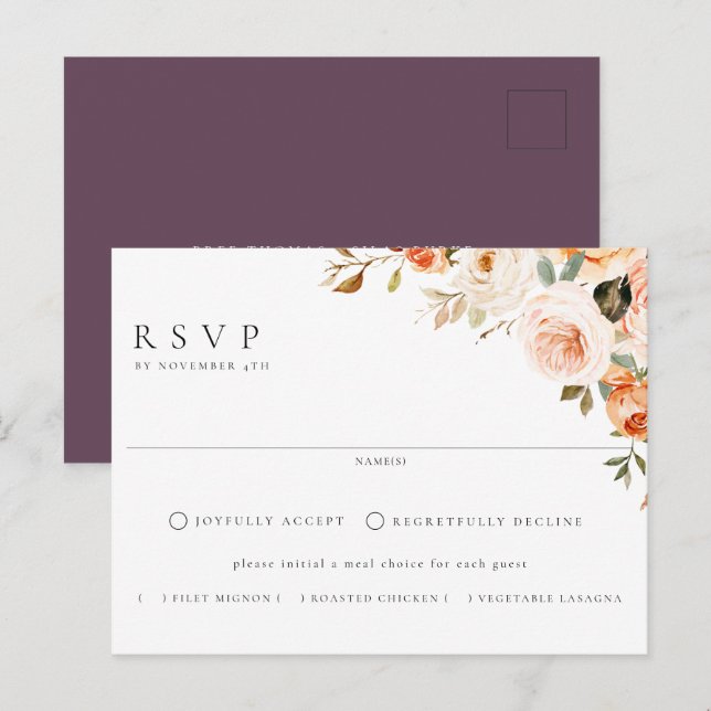 Cartão Postal Terthy Autumn Floral Meal Choice Weding RSVP (Frente/Verso)
