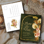 Cartão Postal Terthy Floral Arch Palm Sage Green Salvar Data<br><div class="desc">Tema tropical vintage elegante salva a data com tipografia moderna e belo buquê de vô.</div>