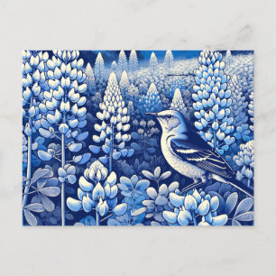 Cartão Postal Texas Bluebonnets e Norte Mockingbird Texan
