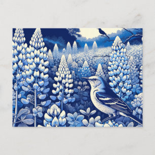 Cartão Postal Texas Bluebonnets e Northern Mockingbird Texano