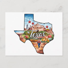 Cartão Postal Texas EUA Estado Formato Aquarela Vintage