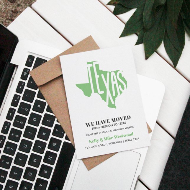 Cartão Postal TEXAS Movimentamos novo endereço Novo Cartão-posta (RELOCATION OR MOVING TO TEXAS ANNOUNCEMENT POST CARD WITH USA STATE SILHOUETTE IN EDITABLE COLOR)