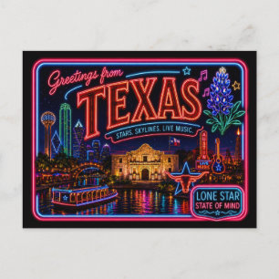 Cartão Postal Texas Neon Estado Retro Vintage