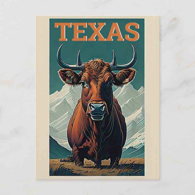 Cartão Postal Texas Stylized Vintage Bull Viagem (Frente)