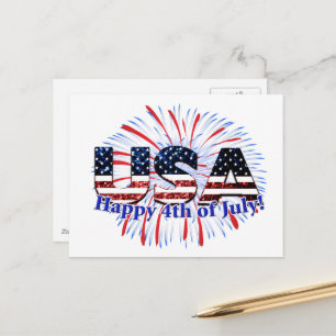 Cartão Postal texto da bandeira dos EUA brilha fogos de artifíci