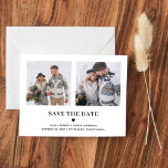 Cartão Postal Texto Fotográfico e Coração | Salvar a data<br><div class="desc">Este casamento preto e branco simples e na moda, salve a data do cartão-postal com um texto preto clássico e elegante com um coração correspondente e um lugar para os seus nomes e detalhes de casamento. Há também espaço para mostrar duas de suas fotos pessoais favoritas para uma maneira moderna...</div>