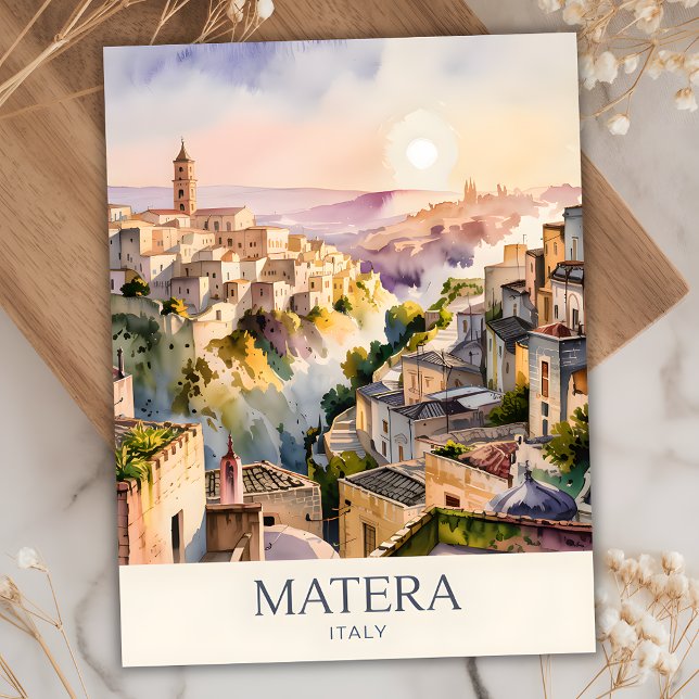 Cartão Postal Texto Personalizado da Cidade da Caverna Itália Sa (Matera Italy Watercolor Postcard)