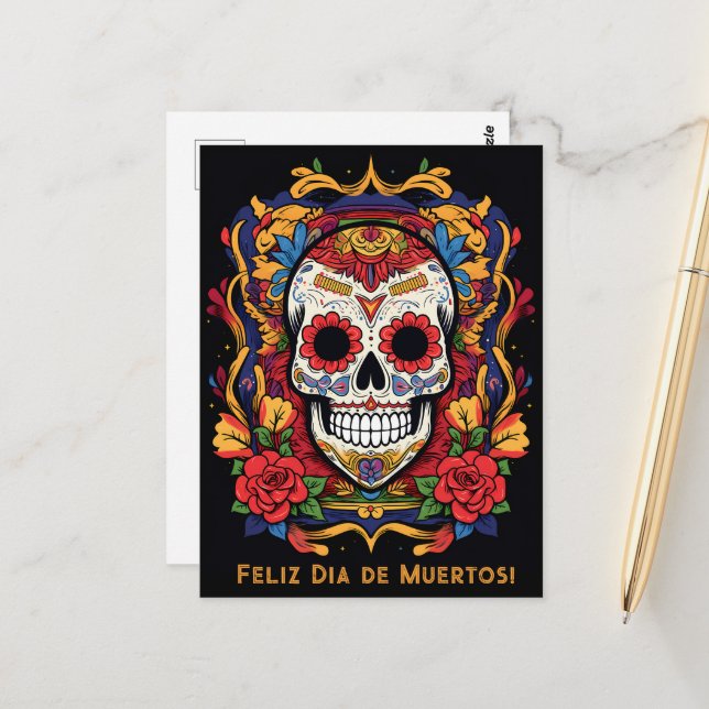 Cartão Postal Texto personalizado Dia dos Mortos☠️ Caveira de Aç (Frente/Verso In Situ)