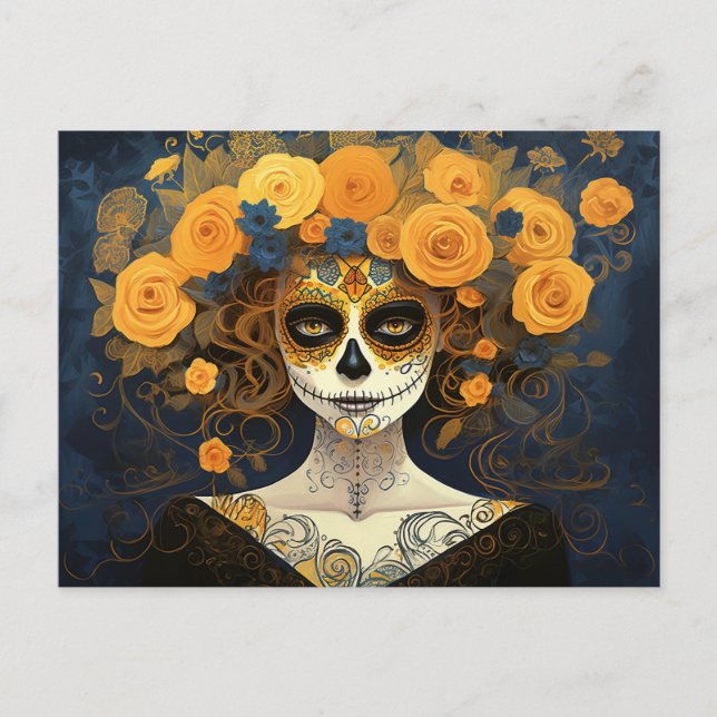 Cartão Postal Texto personalizado 💀  La Calavera Catrina com fl (Frente)