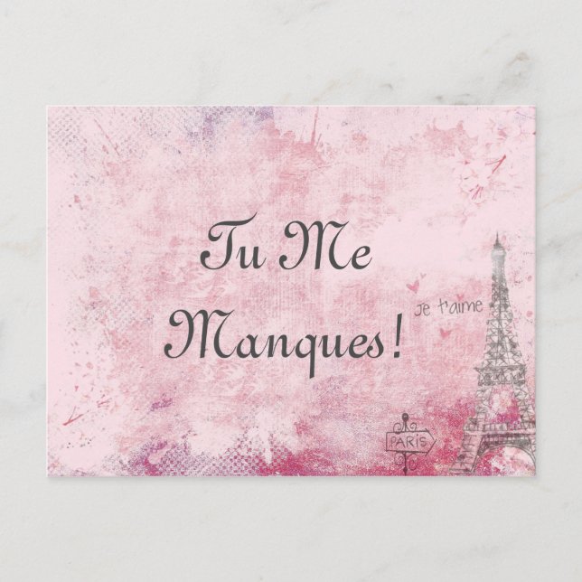 Cartão Postal Texto Personalizado Rosa Eu Sinto Sua Falta Paris  (Frente)