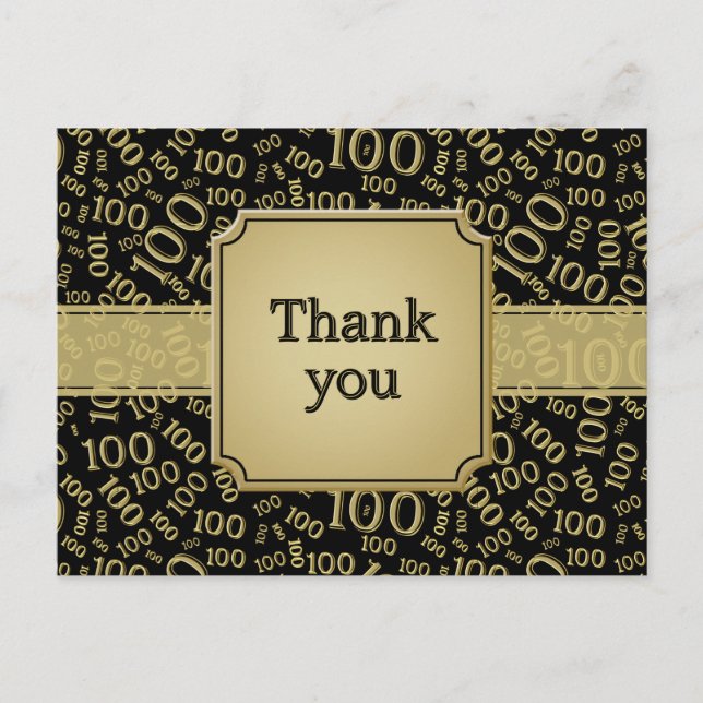 Cartão Postal Thank You 100th Birthday Number Pattern Gold/Black (Frente)