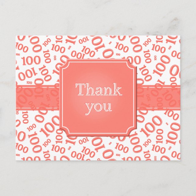 Cartão Postal Thank You 100th Number Pattern Coral/White (Frente)